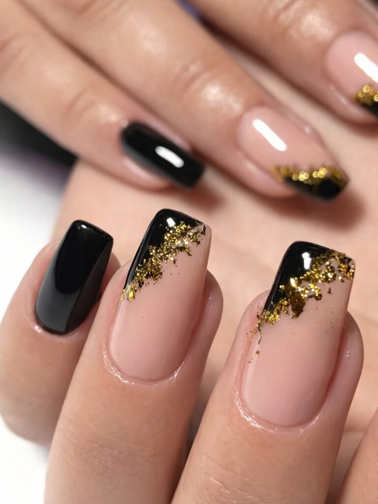 Nude Nails with Black Corners and Gold Foil
